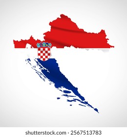 Silhouette of Croatia map filled with the Croatian flag design, symbolizing national pride, cultural heritage, and geographic identity.  
