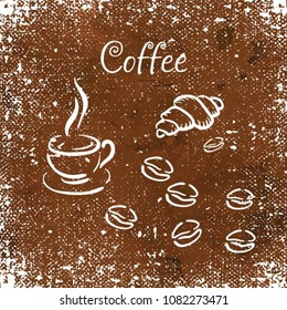 Silhouette of a croissant, coffee beans and a cup of coffee. White isolated icons for a menu of restaurants and cafes on a brown background. Vector illustration.

