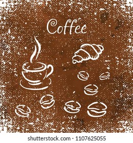 Silhouette of a croissant, coffee beans and a cup of coffee. White isolated icons for a menu of restaurants and cafes on a brown background. Vector illustration.
