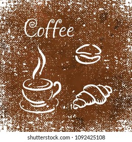 Silhouette of a croissant and a cup of coffee. White isolated icons for a menu of restaurants and cafes on a brown background. Vector illustration.

