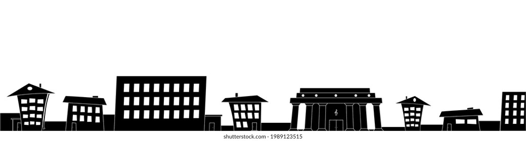 Silhouette crooked fairy houses city skyline for footer on white. Vector illustration.