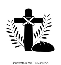 silhouette cross catholic religion with palms and bread