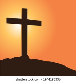 Silhouette Cross Of Jesus Over Sunset Background