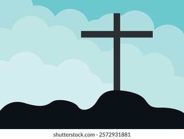 Silhouette of cross and mountain in front of a cloudy sky