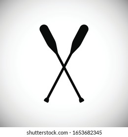 Silhouette of crossed oars or paddles boat for printable pattern. Canoe symbol for logo, icon, stamp for sport club. Isolated black wooden scull lumbar. Vector Illustration svg