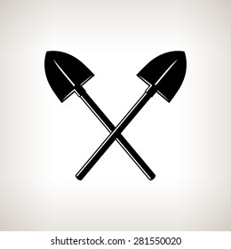 Silhouette of  Crossed Shovels on a Light Background, a Tool for Digging,Black and White Vector Illustration