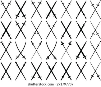 Silhouette of crossed swords, vector, background, isolated