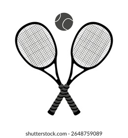 Silhouette of crossed tennis rackets with ball. Vector illustration isolated on white background