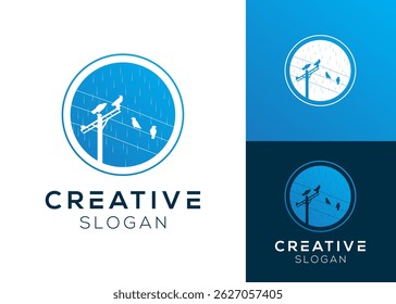 Silhouette of crow on electric pole and raindrops logo design