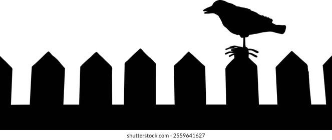 Silhouette of a crow perched on a picket fence against a white background.