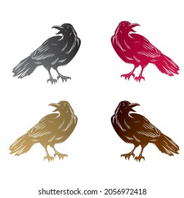 Silhouette Of A Crow Vector Illustration. Bird Silhouette Isolated On A White Background
