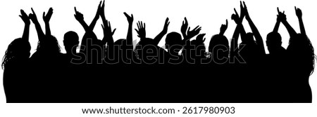 A silhouette of a crowd acclaiming, hands raised, at a concert