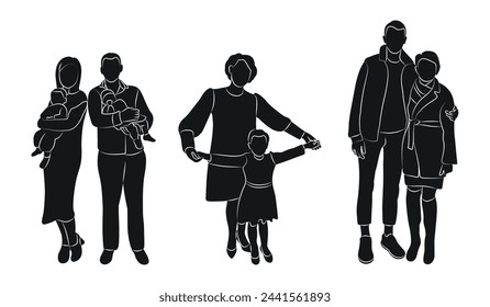 Silhouette of a crowd of adults and children, isolated vector