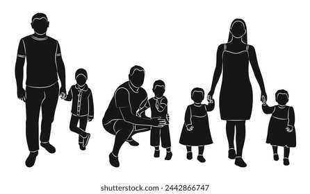 Silhouette of a crowd of adults and children, isolated vector
