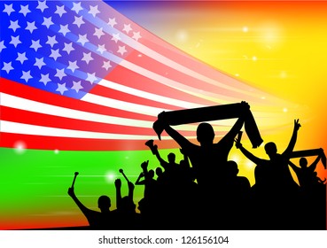Silhouette of a crowd with banners and flags