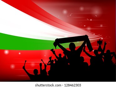 Silhouette of a crowd with banners and flags