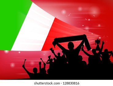 Silhouette of a crowd with banners and flags