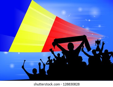 Silhouette of a crowd with banners and flags