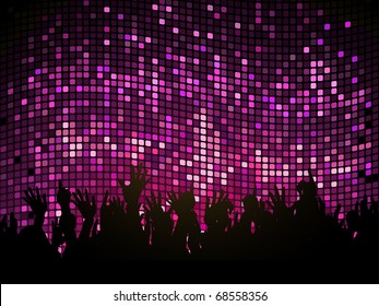silhouette crowd cheering on a purple mosaic background