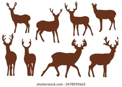 silueta de una multitud de ciervos caminando en un bosque de pinos. un grupo de animales en el bosque con un fondo de árbol. Vector ilustración plana