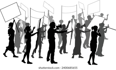 A silhouette crowd or group of people demonstrators at a protest, rally or strike with signs