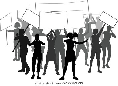A silhouette crowd or group of people demonstrators at a protest, rally or strike with signs