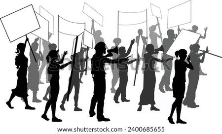 A silhouette crowd or group of people demonstrators at a protest, rally or strike with signs