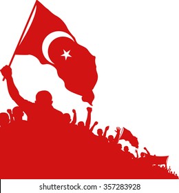 silhouette of crowd with islamic symbol on flag