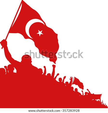 silhouette of crowd with islamic symbol on flag