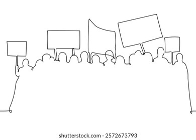 silhouette of crowd of people with banners and flags - one line art vector. concept protest crowd, rally