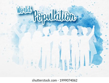 Silhouette crowd of people in cartoon character and flat style with the name of event on blue watercolor background. World Population day poster's campaign in vector design.