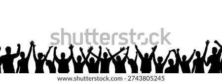 Silhouette of a crowd of people cheering with raised hands on a white background. Vector illustration.