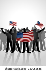 Silhouette Of Crowd Of People Cheering While Holding The Flag Of America