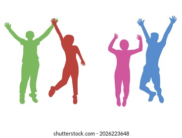Silhouette of a crowd of people. A collection (group) of people. Jump and hands up. Flat style. Vector image isolated. Great design for any purpose. Vector graphics. Design element.
