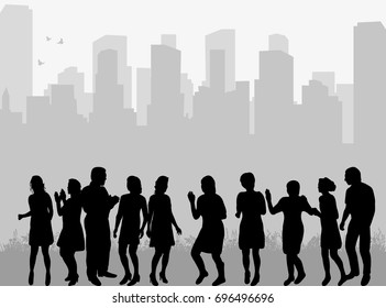 silhouette of a crowd of people dancing against a city background