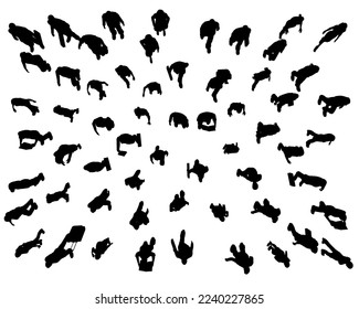 Silhouette of a crowd of people in different positions isolated on a white background. People walk together. View from above. Vector illustration.