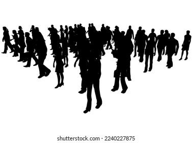 Silhouette de una multitud de personas en diferentes posiciones aisladas en un fondo blanco. La gente camina junta. Vista de perspectiva. Ilustración vectorial.