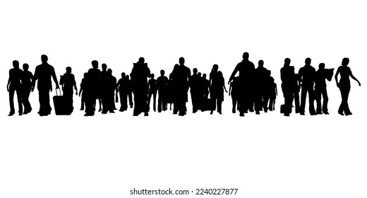 Silhouette of a crowd of people in different positions isolated on a white background. People walk together. Front view. Vector illustration.