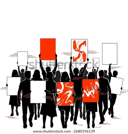 Silhouette of a crowd of people marching and holding up signs with various designs and colors