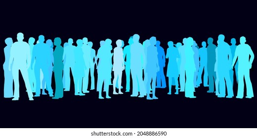 Silhouette of a crowd of people on a dark background. Silhouettes in different blue tones. Vector illustration