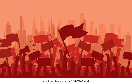 Silhouette crowd of people protesters. Protest, revolution, demonstrators or conflict. Flat vector illustration.