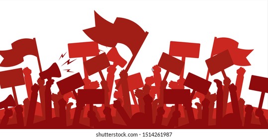 Silhouette crowd of people protesters. Protest, revolution, demonstrators or conflict. Flat vector illustration.