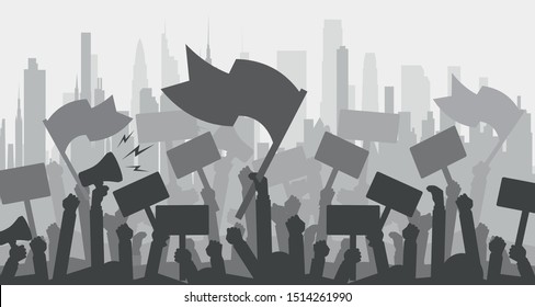 Silhouette crowd of people protesters. Protest, revolution, demonstrators or conflict. Flat vector illustration.