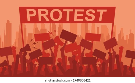 Silhouette crowd of people protesters. Protest, revolution, demonstrators or conflict. Flat vector illustration.