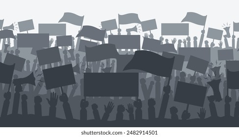 Silhouette crowd of people protesters. Protest, revolution, conflict. Flat vector illustration