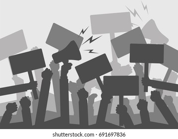 Silhouette crowd of people protesters. . Protest, revolution, conflict. Flat vector illustration.