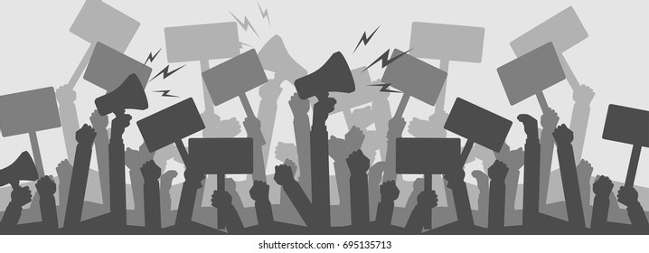 Silhouette crowd of people protesters. . Protest, revolution, conflict. Flat vector illustration. - Shutterstock ID 695135713
