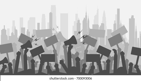 Silhouette crowd of people protesters. . Protest, revolution, conflict. Flat vector illustration.