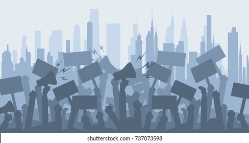 Silhouette crowd of people protesters. . Protest, revolution, conflict. Flat vector illustration.