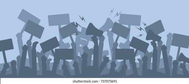 Silhouette Crowd Of People Protesters. . Protest, Revolution, Conflict. Flat Vector Illustration.